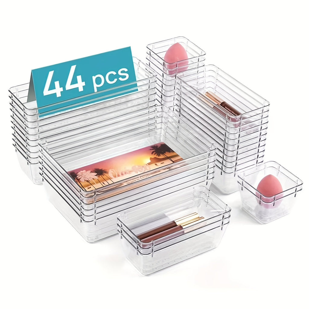 44pcs Clear Plastic Drawer Organizers Set with Non-Slip Pads B9072