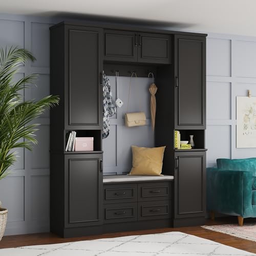 Black Hall Tree with Cushioned Bench, 6 Doors, 4 Drawers H1974