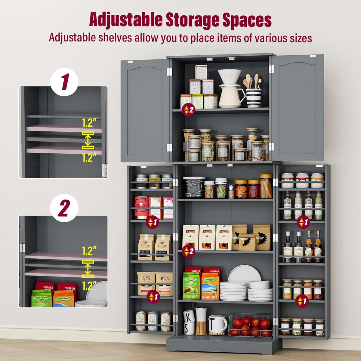 Gray Tall Freestanding Kitchen Pantry Cabinet with Doors and Shelves Q401548