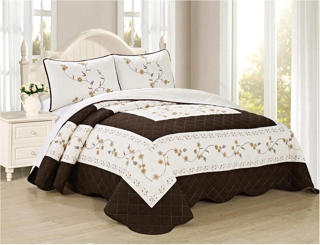 6pc Embroidered Floral Bedspread Quilt Set Queen Size Light Blue B916199