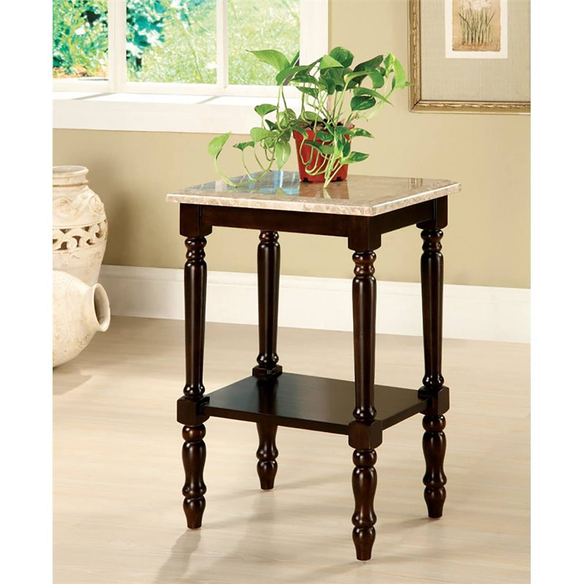 Marble Top End Table in Dark Cherry V9853