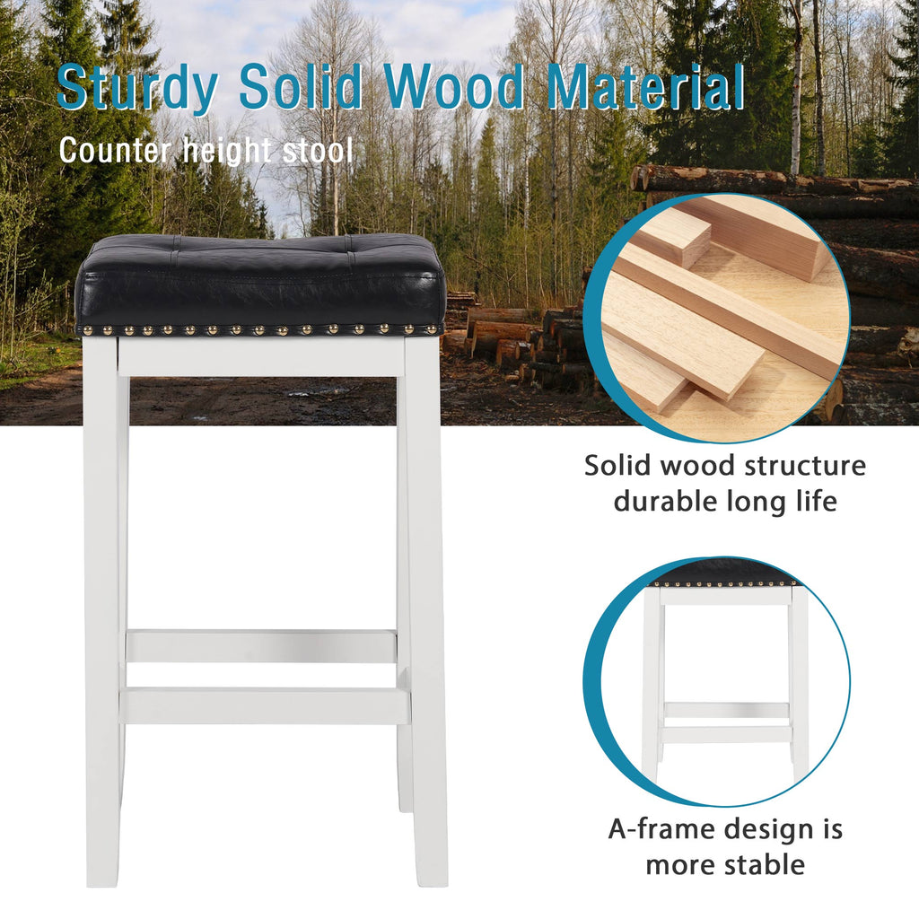 29 Inch Bar Stools Set of 2 PU Leather Solid Wooden Saddle Stool White W71109