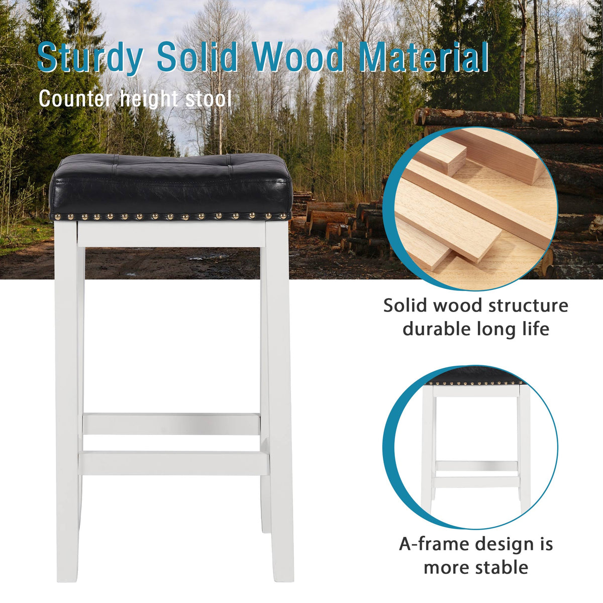 29 Inch Bar Stools Set of 2 PU Leather Solid Wooden Saddle Stool White W71109