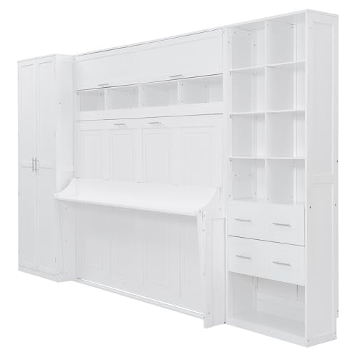Queen Size Murphy Bed with Desk and Storage Drawers White H93570