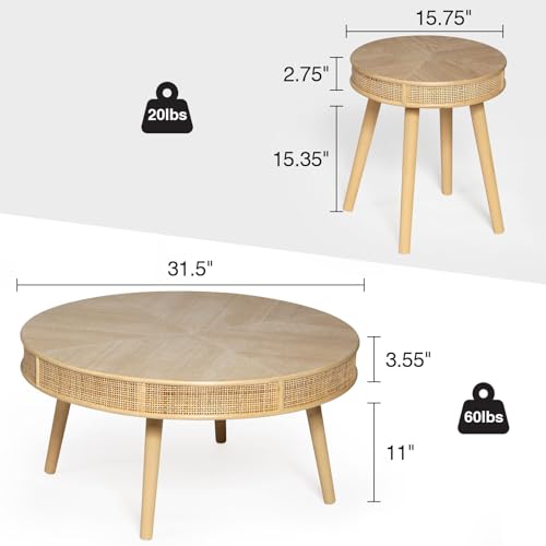 Round Coffee Table Set with Rattan, Natural, 2Pack H357