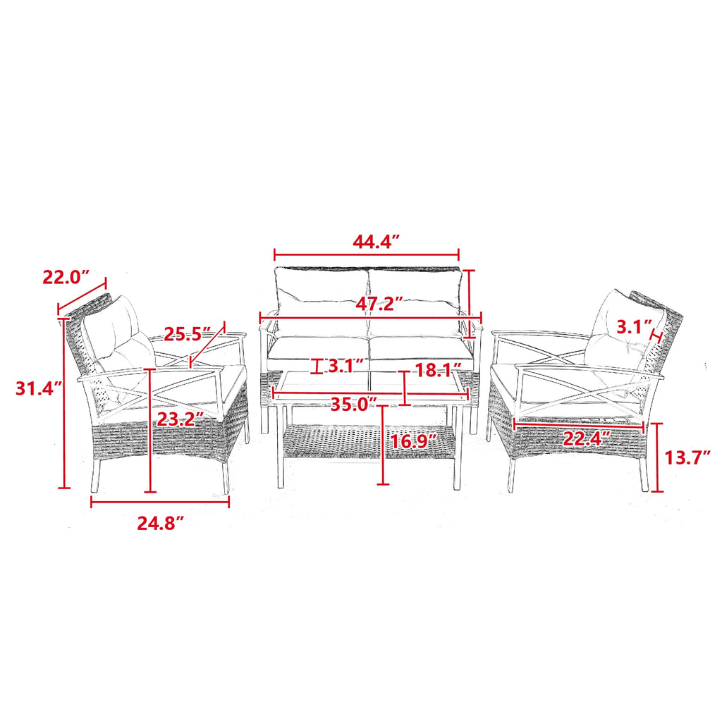 4 Piece Grey Wicker Sofa Set with Cushions X6616