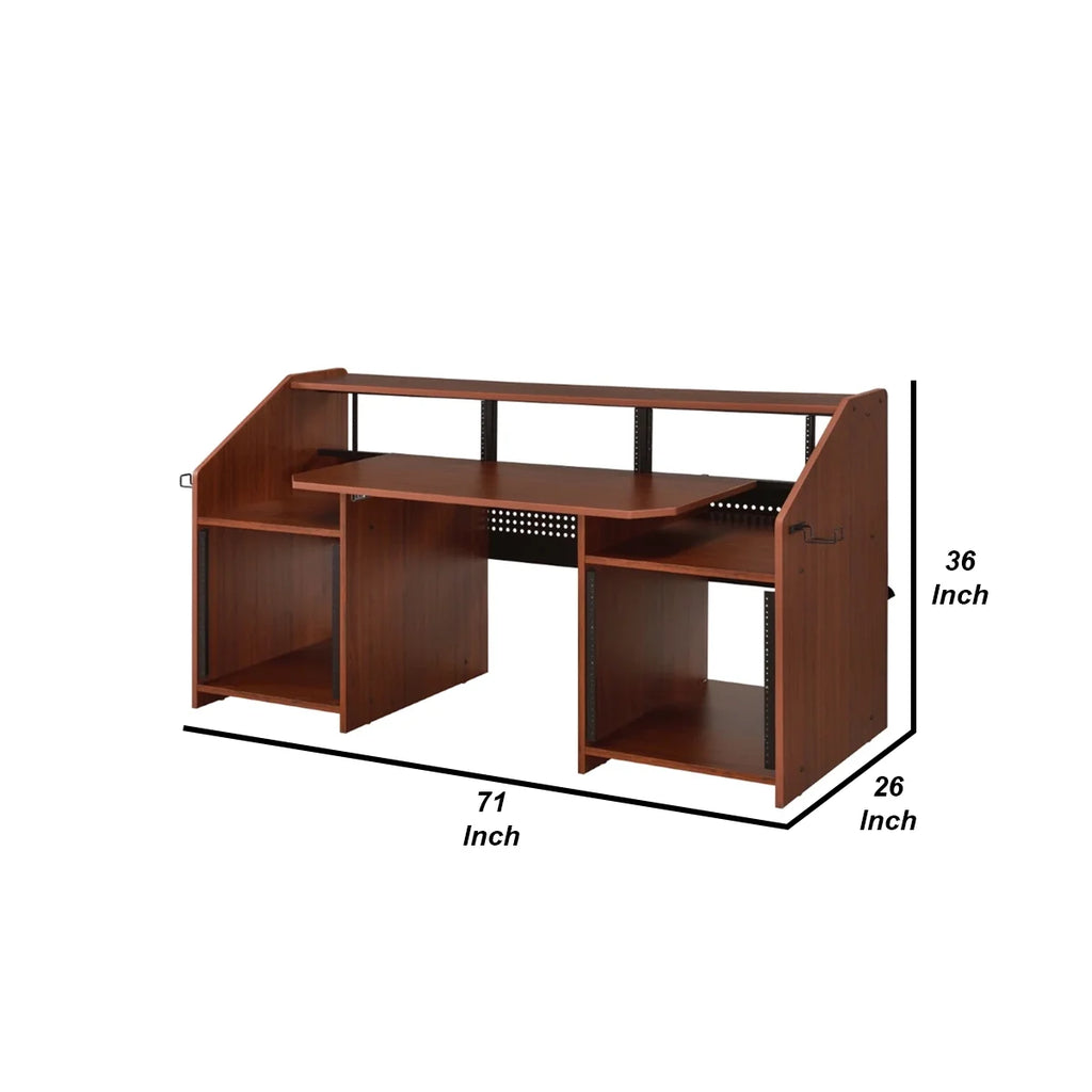 71 Inch Wood Music Desk Studio Workstation, 3 Shelves, Cherry Brown Y6395