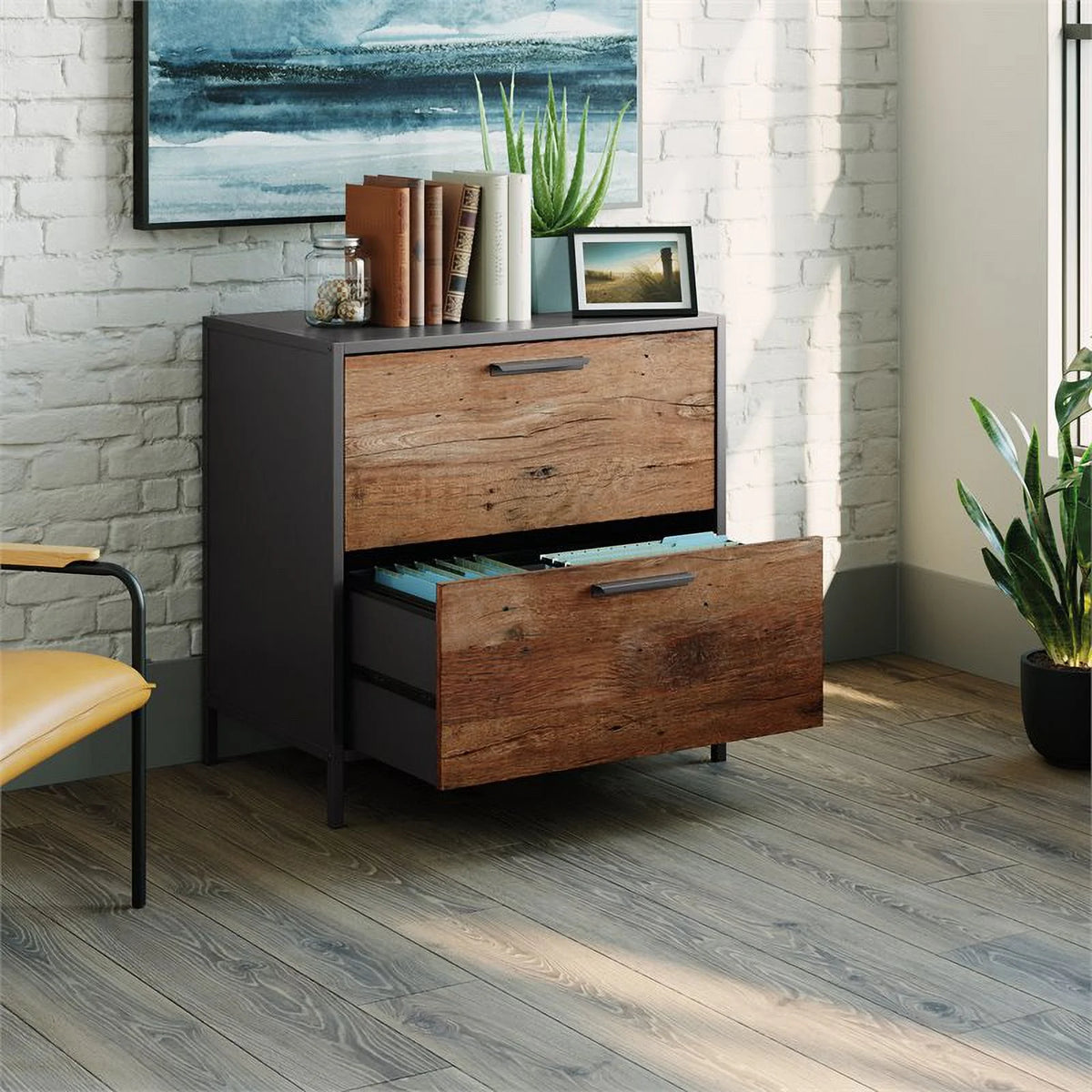 Engineered Wood Lateral File Cabinet in Vintage Oak/Black P123488