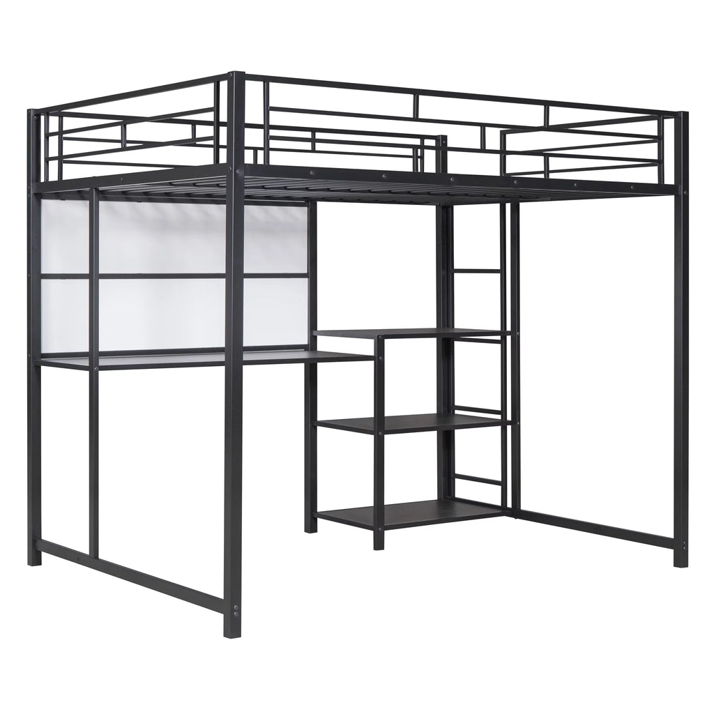 Full Size Black Metal Loft Bed with Desk and Whiteboard P765847