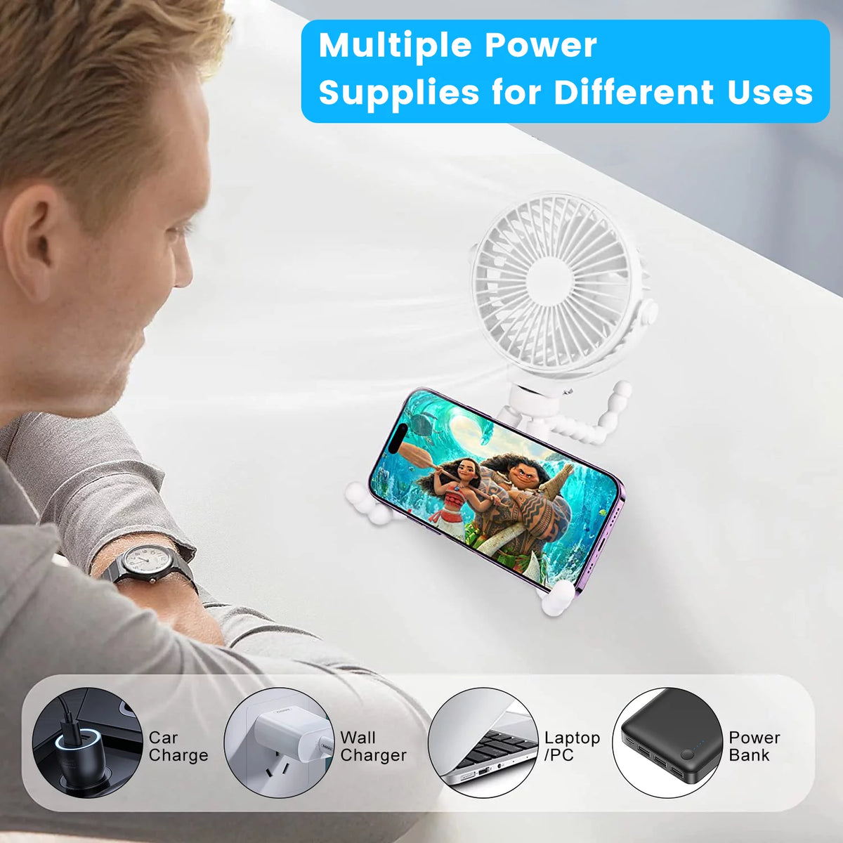 Portable Battery Operated Clip on Fan with Flexible Tripod White U106506