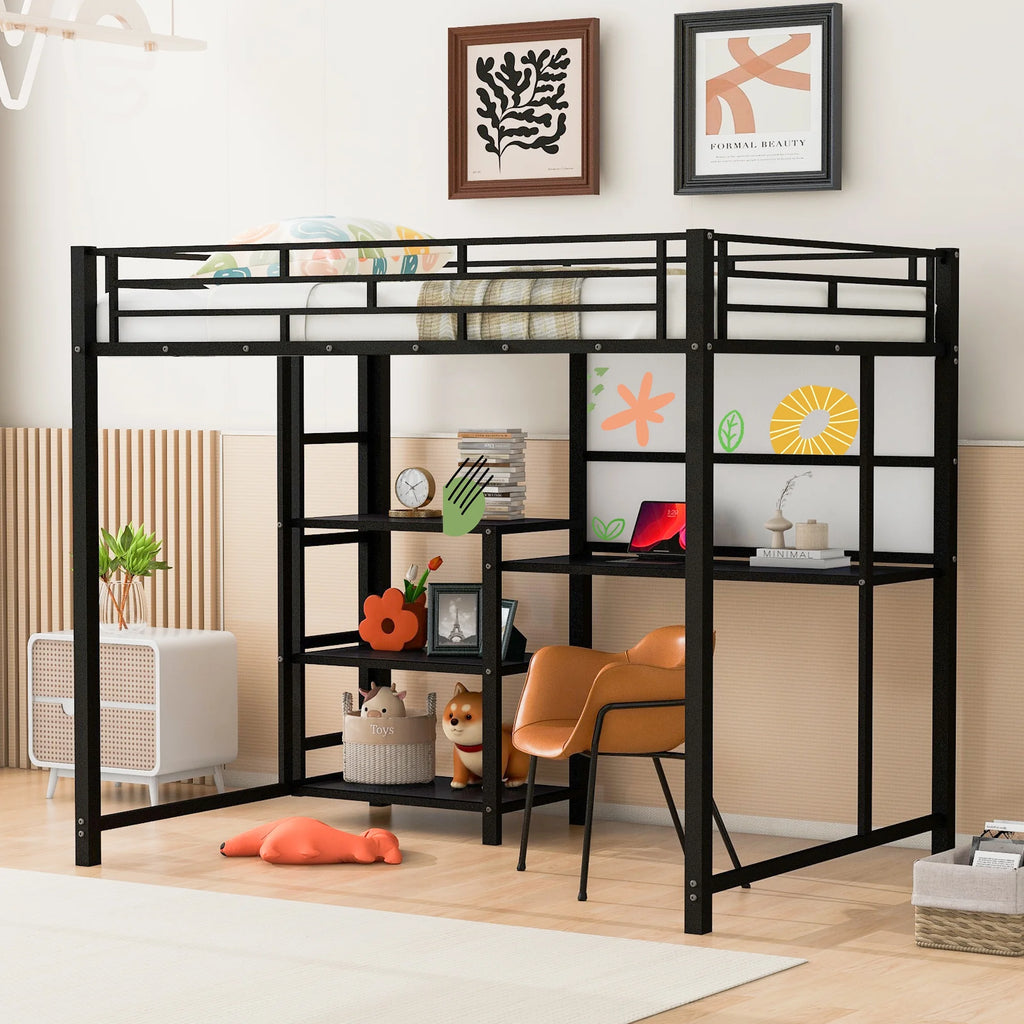 Full Size Black Metal Loft Bed with Desk and Whiteboard P765847