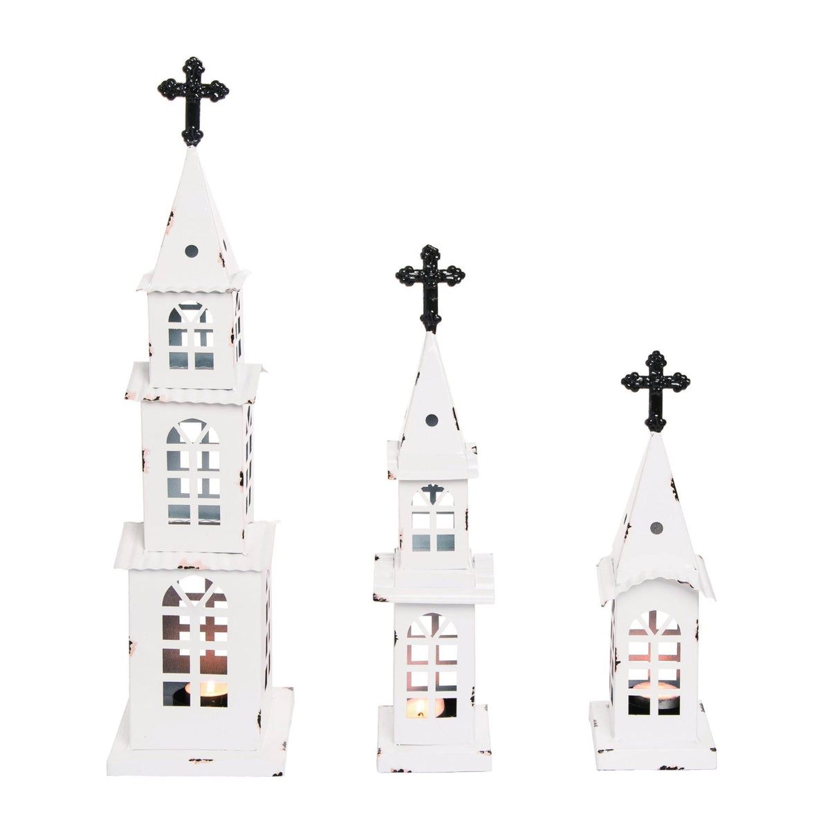 White and Black Distressed Finish Christmas Church Tealight Holders K462