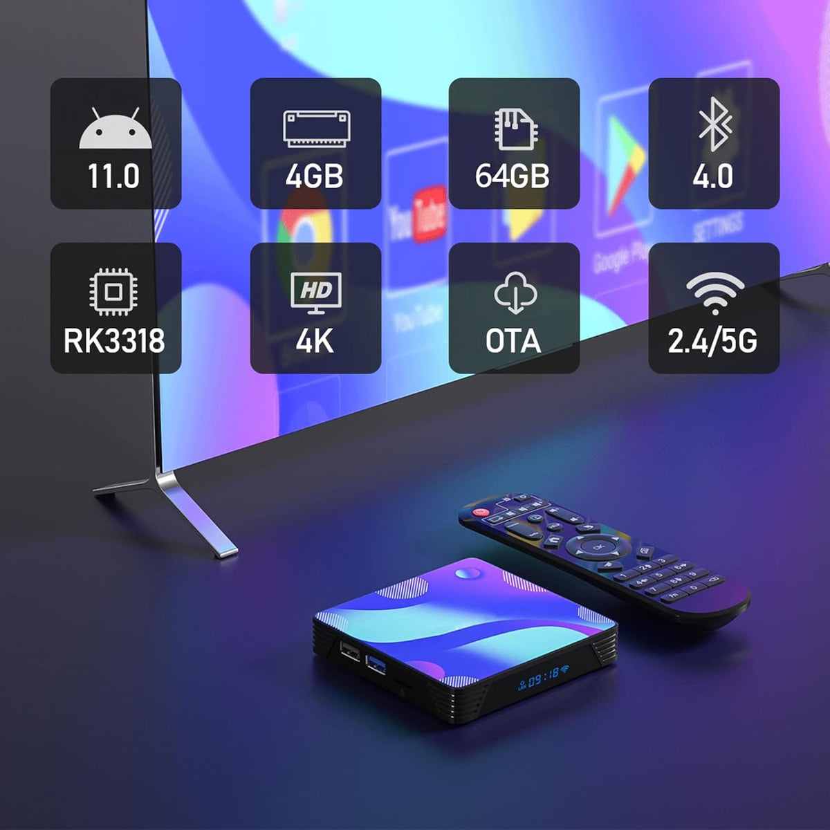 TV Box with Backlit Mini Keyboard, 4GB RAM 64GB ROM, Dual-WiFi, 4K UHD, Pack of 2 J789