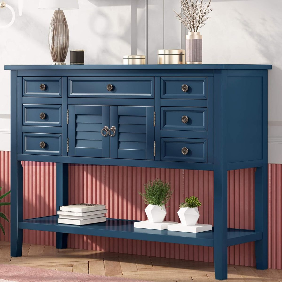 Buffet Table with Cabinet, 7 Storage Drawers and Bottom Shelf K473