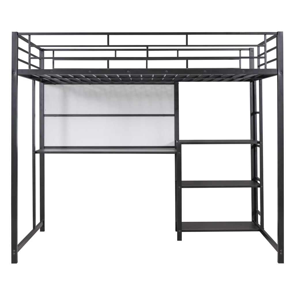 Full Size Black Metal Loft Bed with Desk and Whiteboard P765847