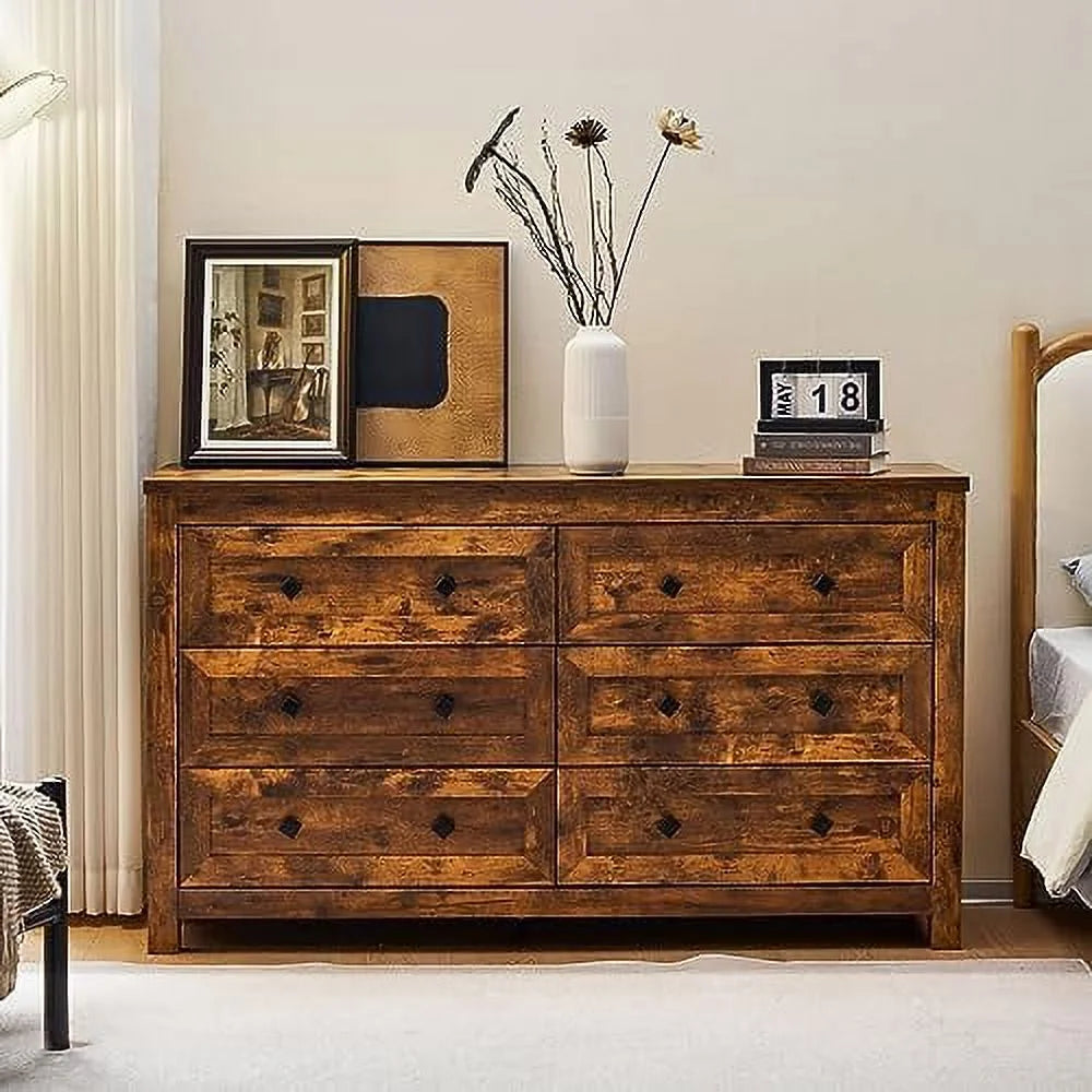 6 Drawer Wood Dresser with Vintage Grain Texture A7241