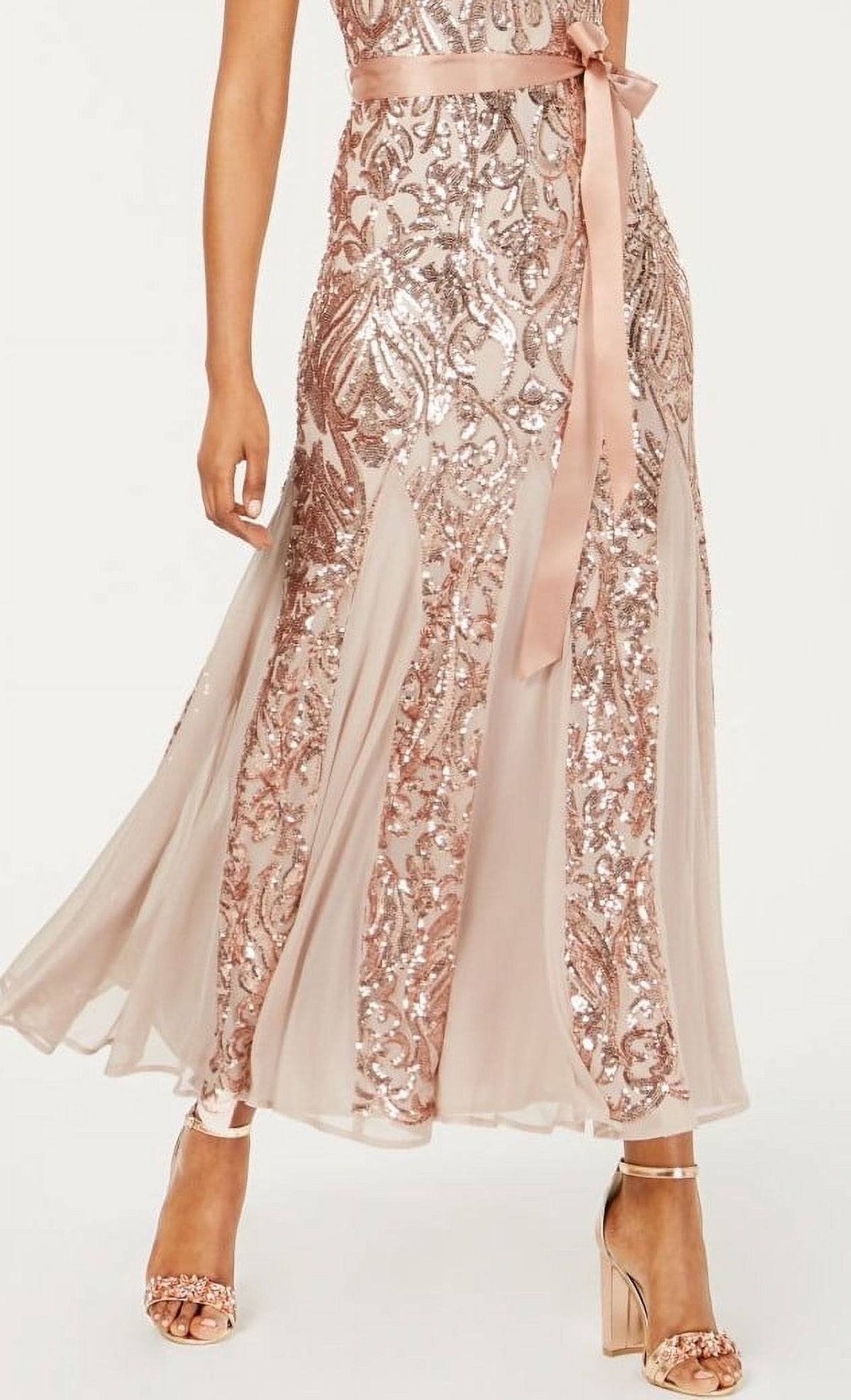 Beige Sequined Belted Patterned Short Sleeve Jewel Neck Midi Fit + Flare Dress Petites 8P W76517