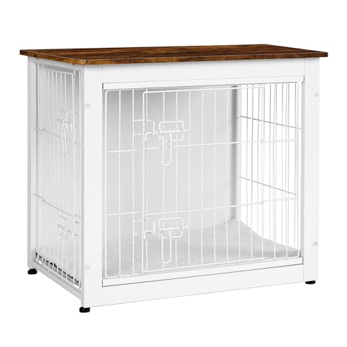 Dog Crate Furniture with Cushion, Wooden Kennel Table with Double Doors, Dark Gray Q78540
