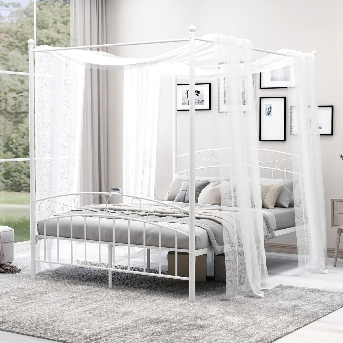 White Queen Size Metal Canopy Bed Frame with Headboard and Footboard X8696