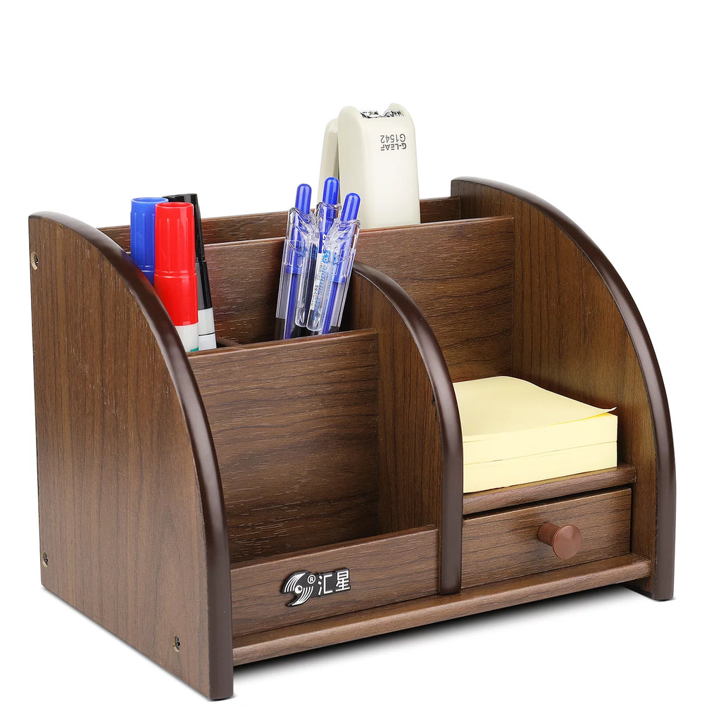 Wooden Remote Control Holder Caddy Desktop Organizer with Drawers Cherry Brown S2793