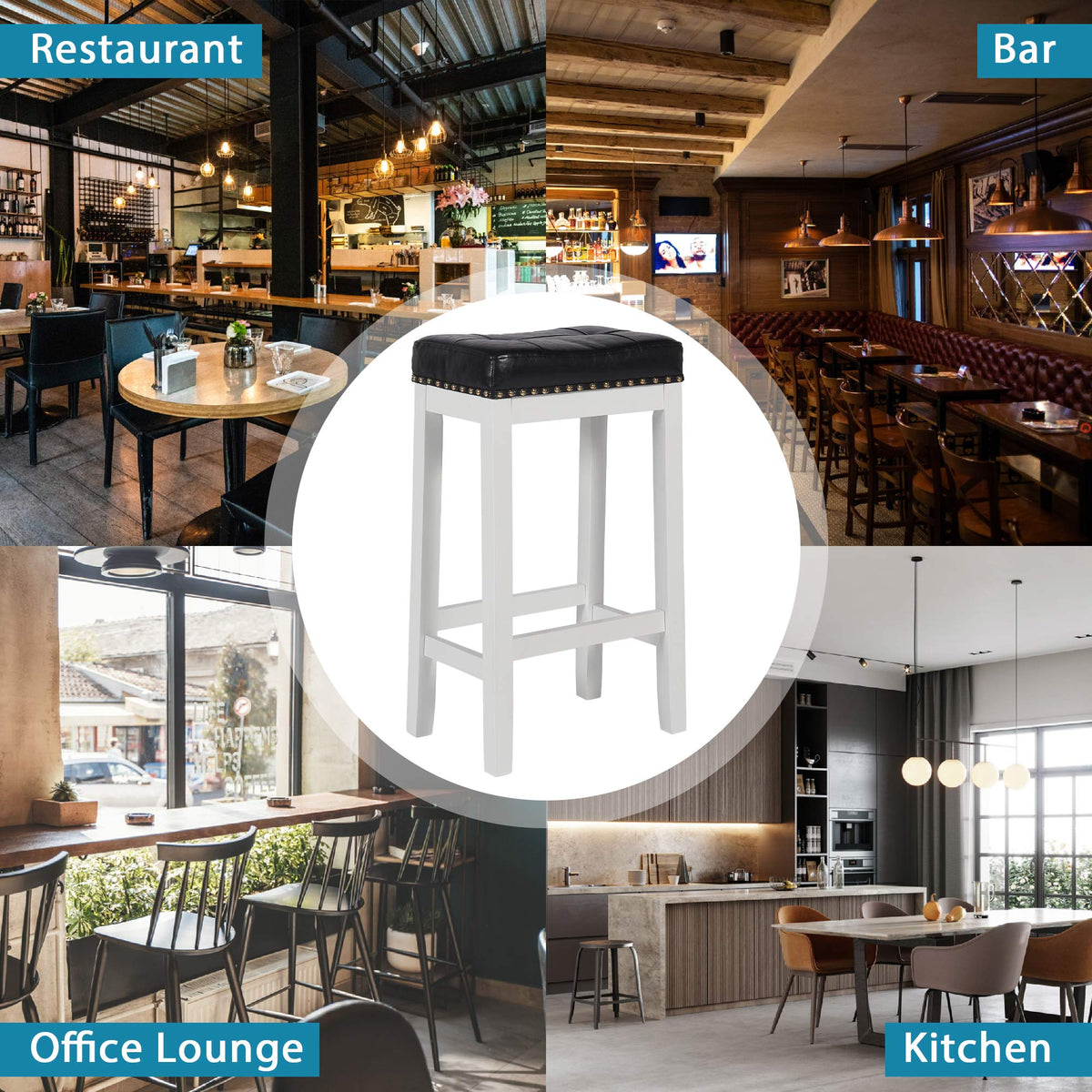 29 Inch Bar Stools Set of 2 PU Leather Solid Wooden Saddle Stool White W71109