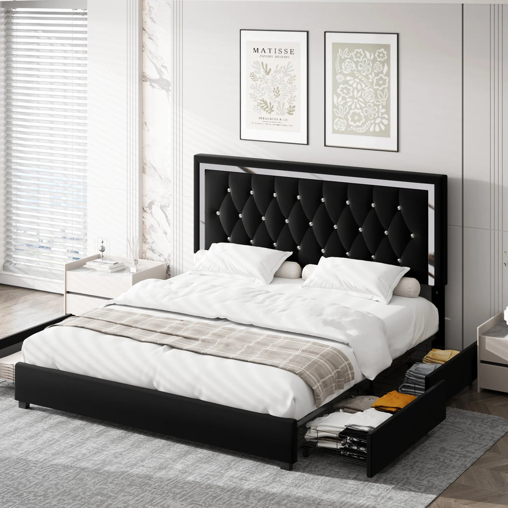 King Size Storage Bed with 4 Drawers, Black Upholstered Platform Bed Frame with Adjustable Headboard W768509