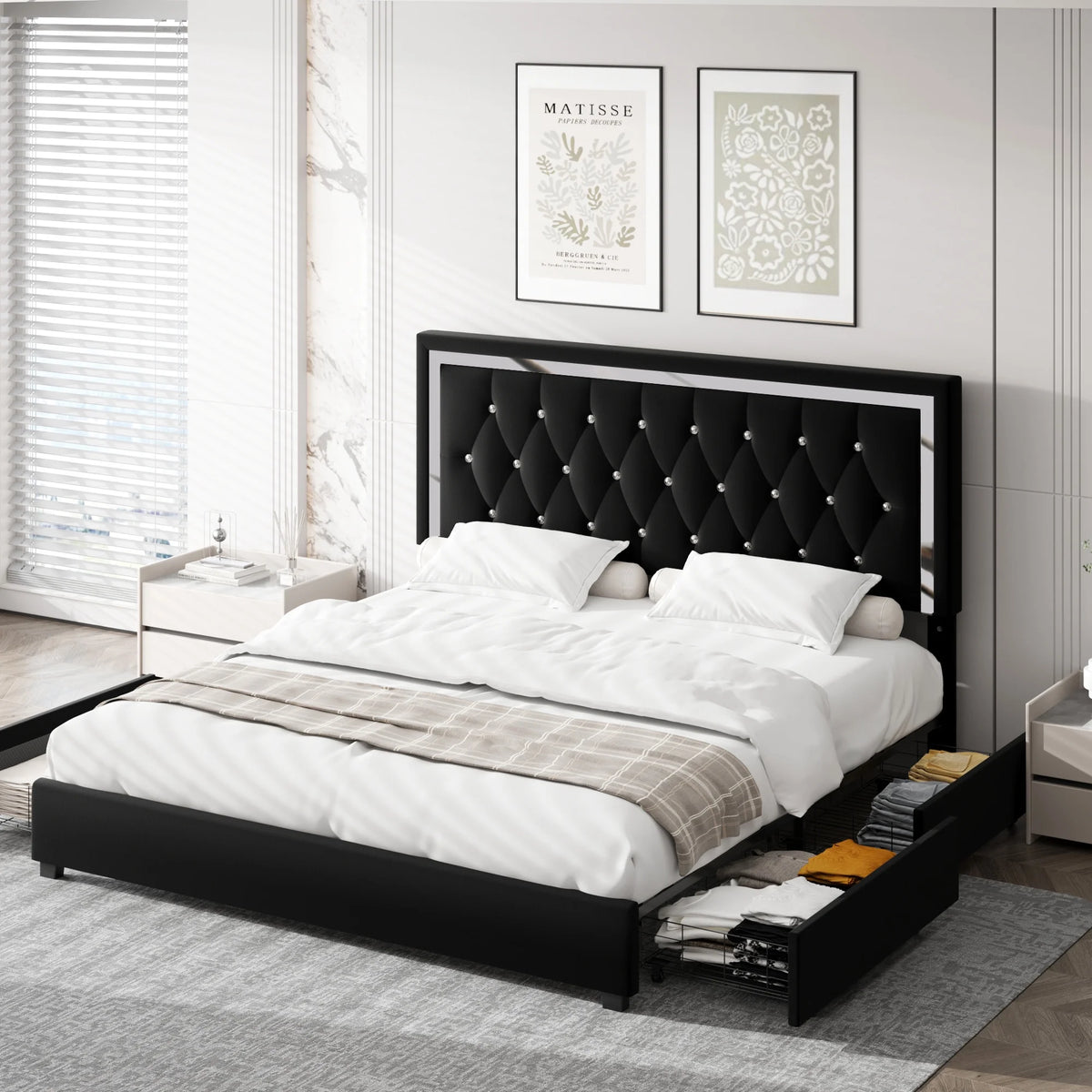 King Size Storage Bed with 4 Drawers, Black Upholstered Platform Bed Frame with Adjustable Headboard W768509