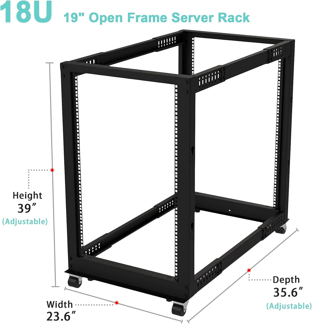 19" Open Frame Server Rack 4 Post Adjustable Depth Mobile Rolling Network Rack D17736