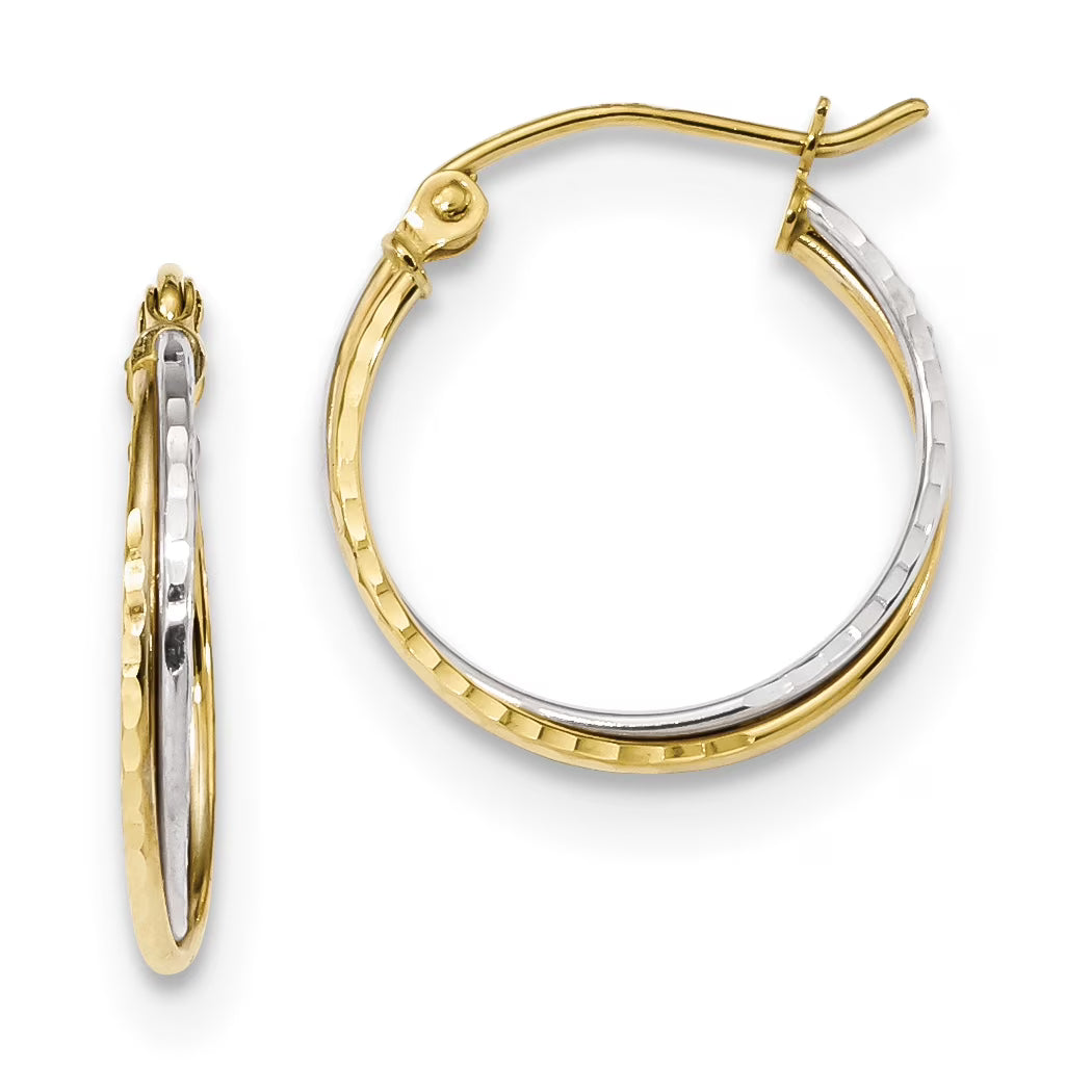 10 Karat Yellow and White Gold Diamond Cut Twisted Hoop Earrings V82080