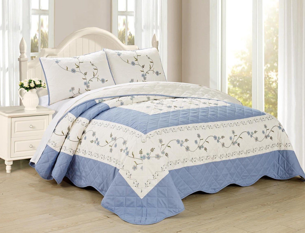 6pc Embroidered Floral Bedspread Quilt Set Queen Size Light Blue B916199