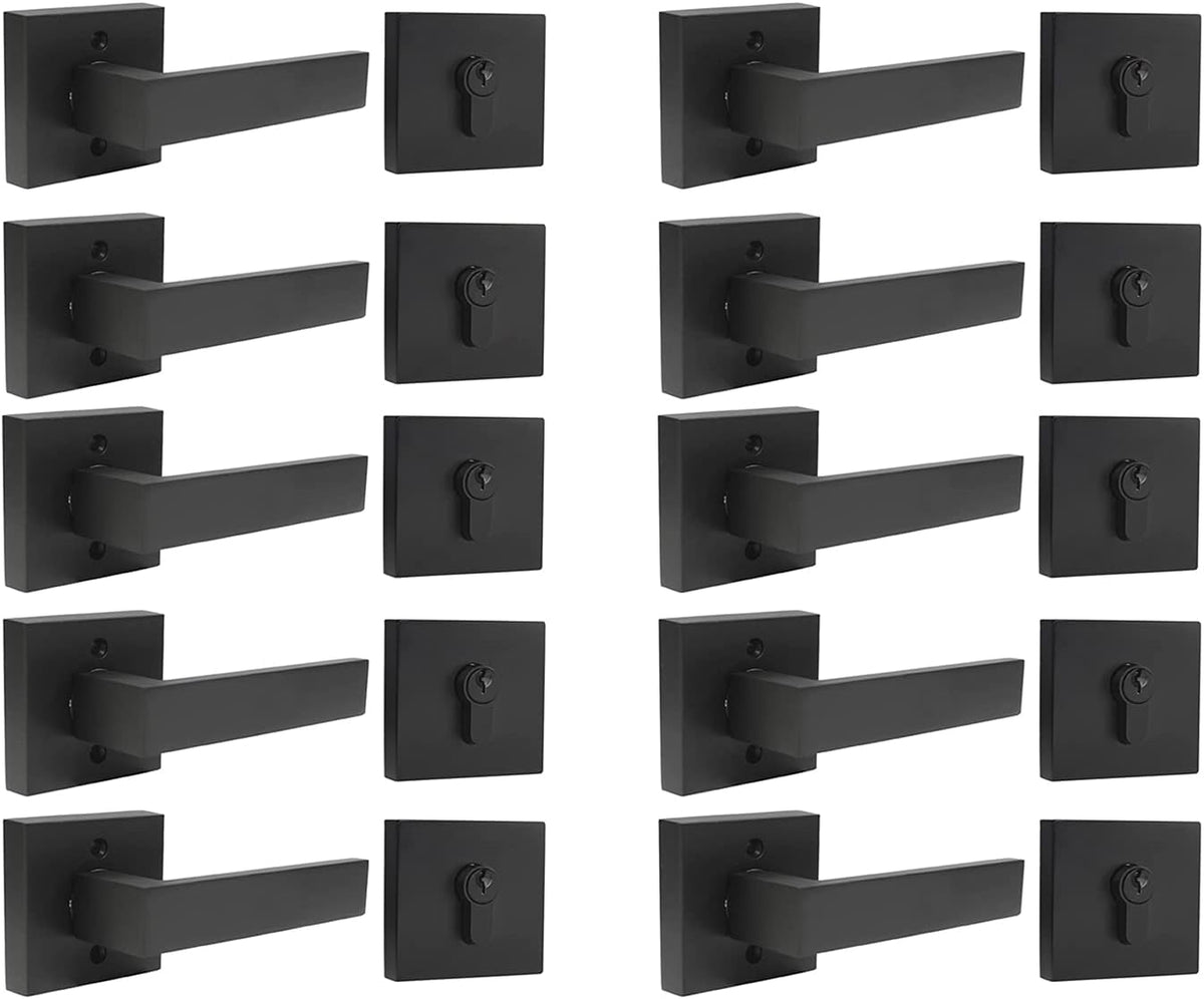 Flat Black Square Door Lever with Single Cylinder Deadbolts Combo Pack of 2 O624179
