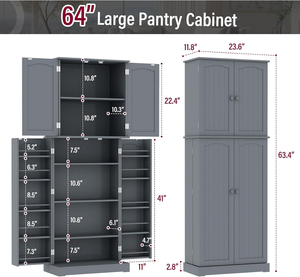 Gray Tall Freestanding Kitchen Pantry Cabinet with Doors and Shelves Q401548