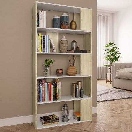 White and Sonoma Oak Book Cabinet Room Divider 31.5 inchx9.4 inchx62.6 inch Chipboard X474979