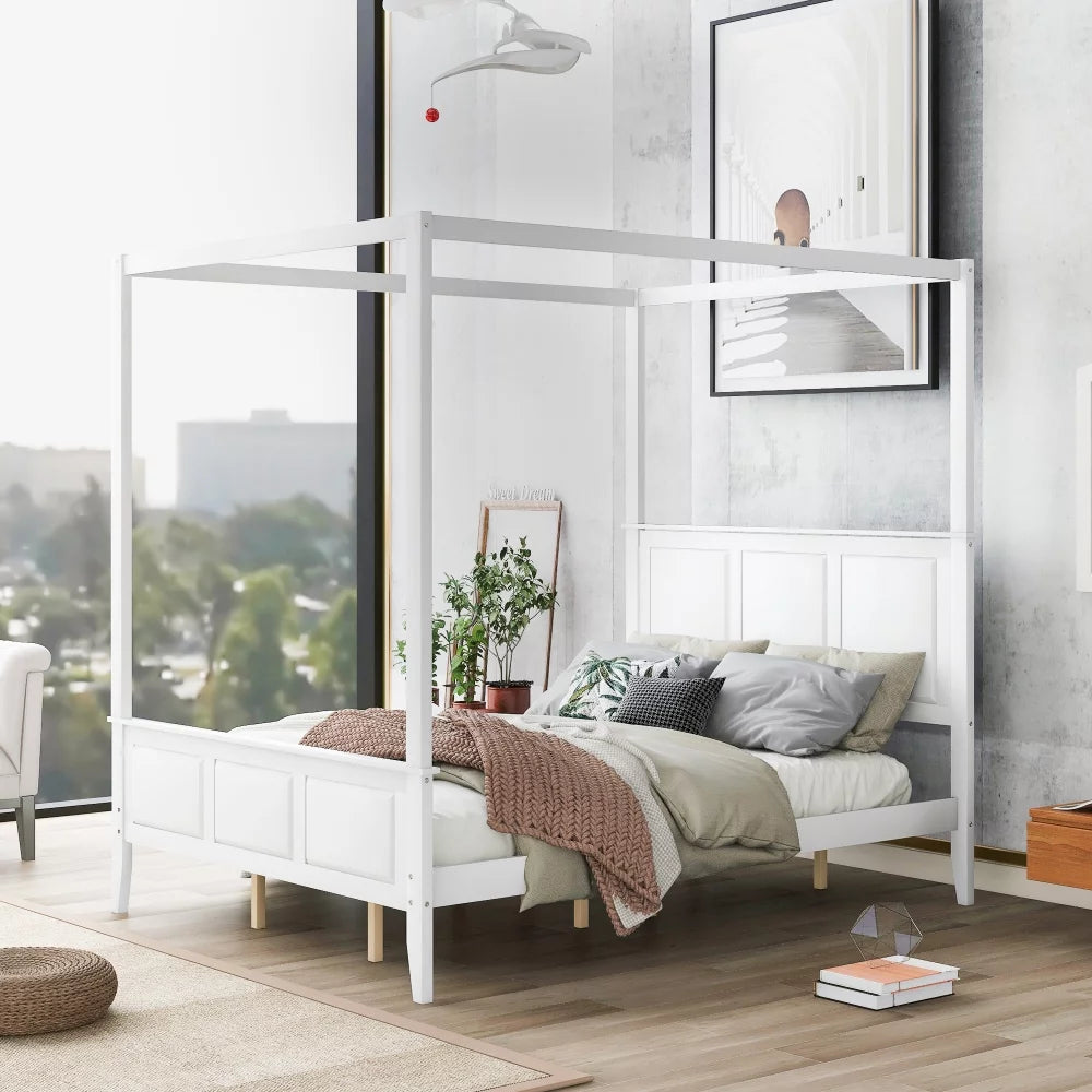 Queen Size Canopy Platform Bed with Headboard and Footboard White A4587