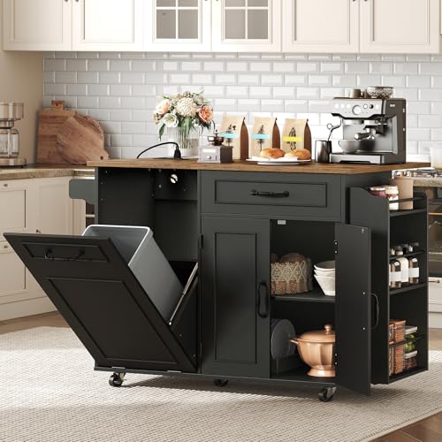 White and Walnut Kitchen Island with Power Outlet and Drop Leaf C73146