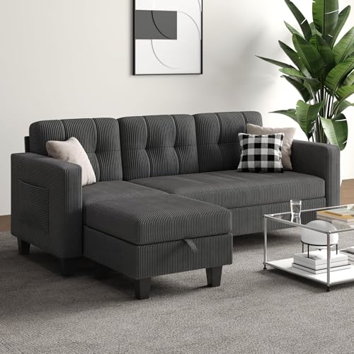 76 Inch L Shaped Corduroy Convertible Sectional Sofa with Reversible Storage Ottoman K833