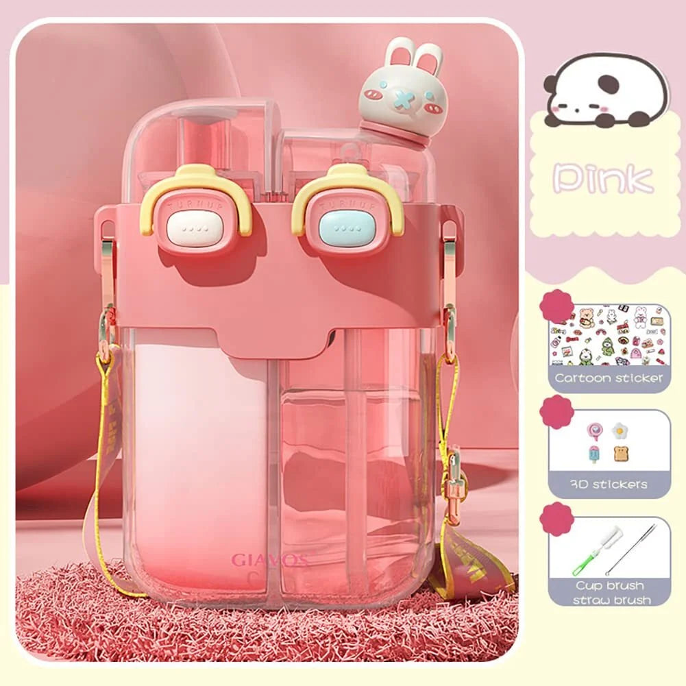 Pink Cartoon Double Layer Water Bottle with Straw T65318