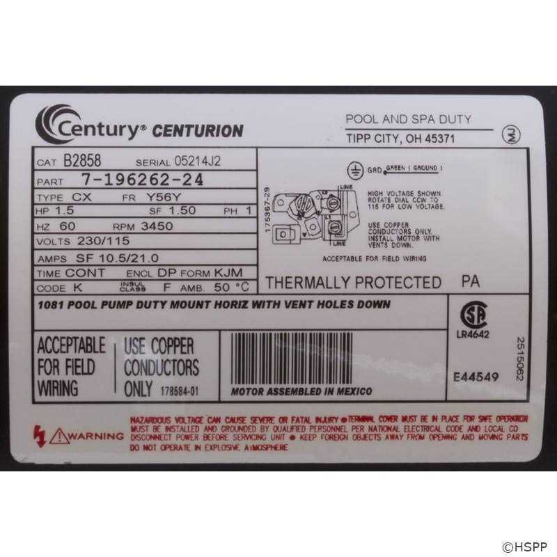 Pump Motor, 1-1/2 HP, 3450, 115/230 V, 56Y O629078