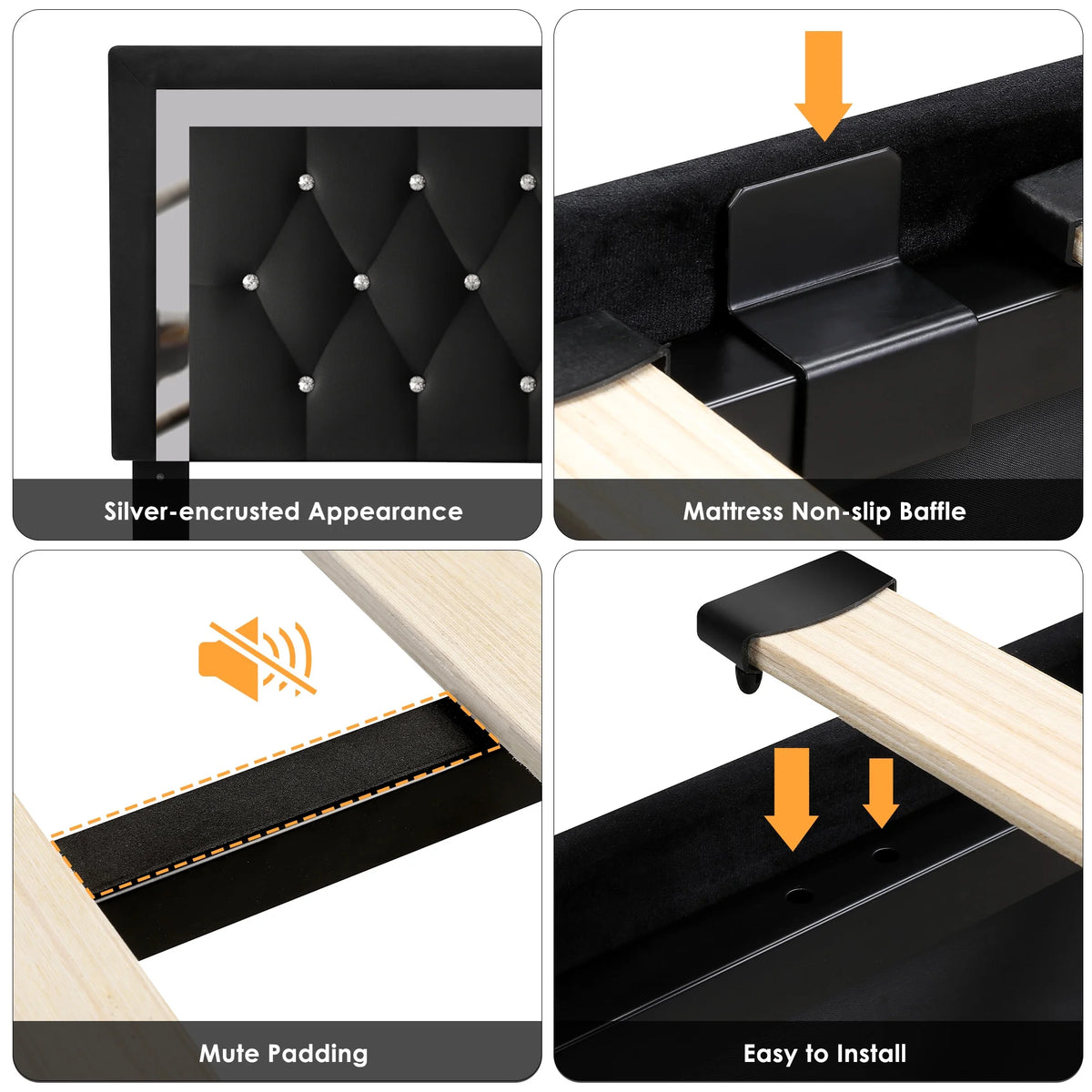 King Size Storage Bed with 4 Drawers, Black Upholstered Platform Bed Frame with Adjustable Headboard W768509