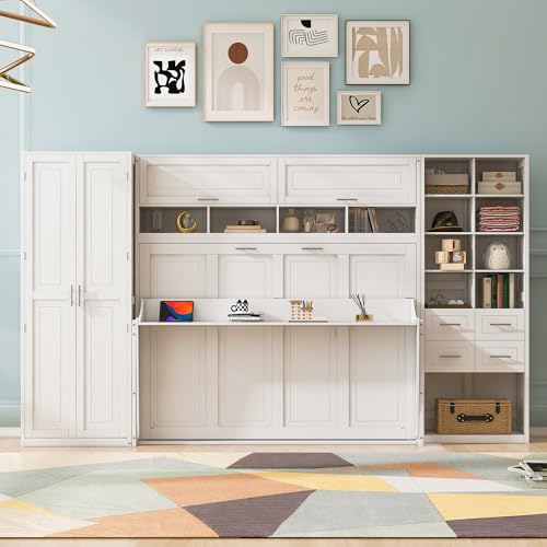 Queen Size Murphy Bed with Desk and Storage Drawers White H93570