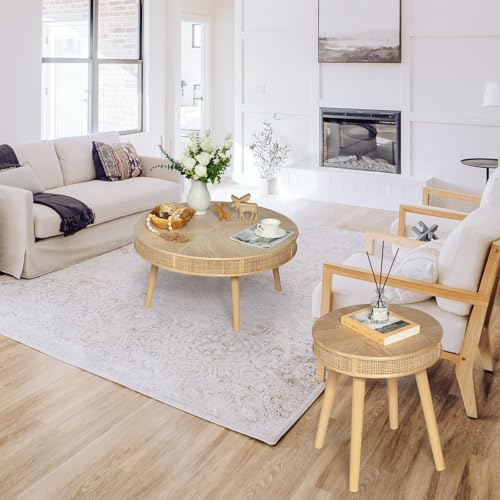Round Coffee Table Set with Rattan, Natural, 2Pack H357