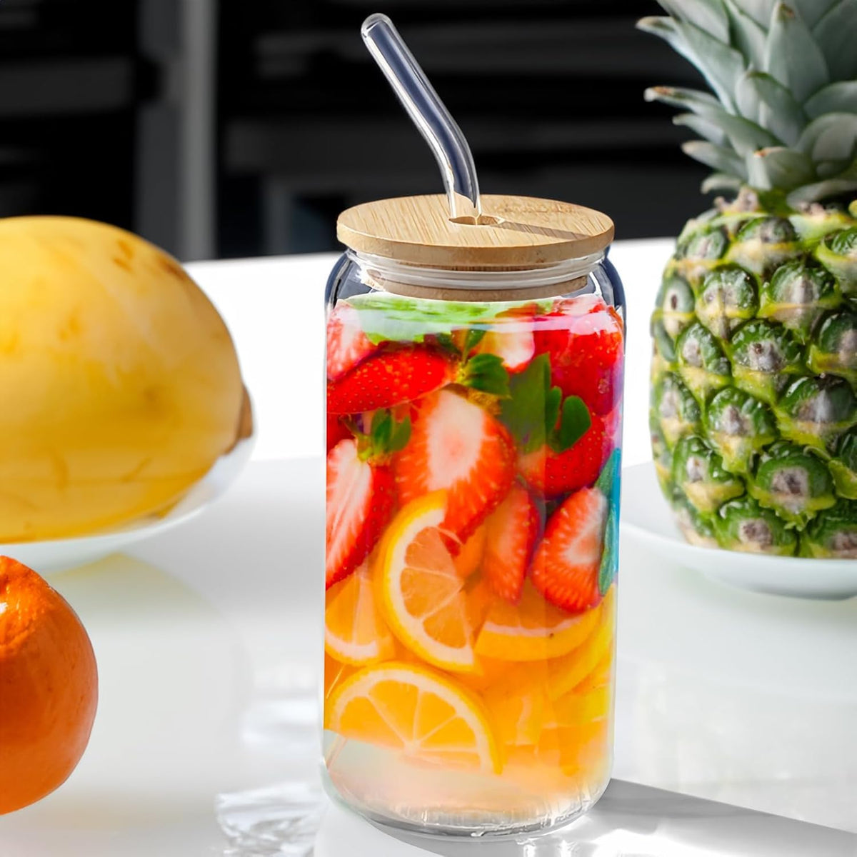 16 oz Glass Tumbler with Bamboo Lid and Straw T41415