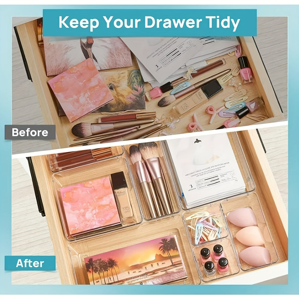 44pcs Clear Plastic Drawer Organizers Set with Non-Slip Pads B9072
