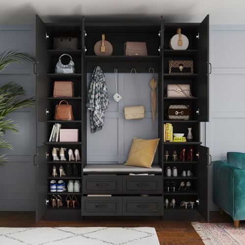 Black Hall Tree with Cushioned Bench, 6 Doors, 4 Drawers H1974