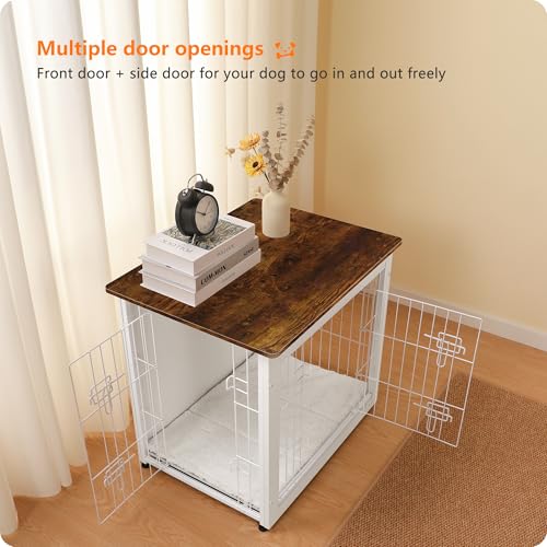 Dog Crate Furniture with Cushion, Wooden Kennel Table with Double Doors, Dark Gray Q78540