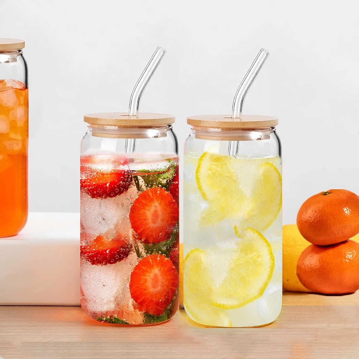 16 oz Glass Tumbler with Bamboo Lid and Straw T41415