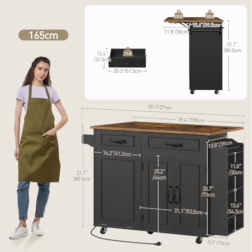 White and Walnut Kitchen Island with Power Outlet and Drop Leaf C73146