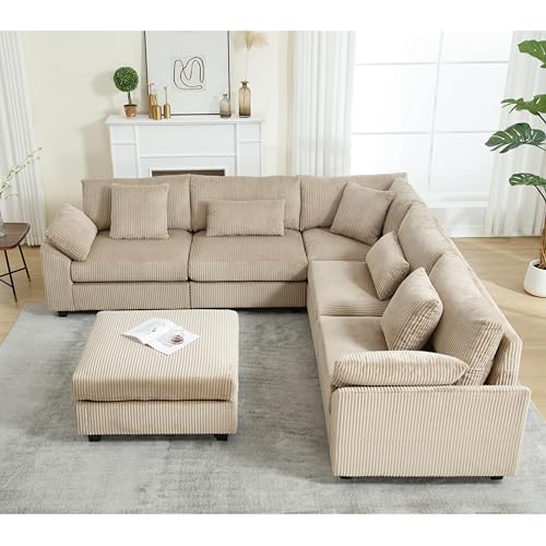 Oversized Corner Modular Sectional Sofa Set, L-Shaped Couch with Movable Ottoman and 7 Pillows, Corduroy Fabric Deep Seat 6 Seater Cloud Couch (Beige) T556085