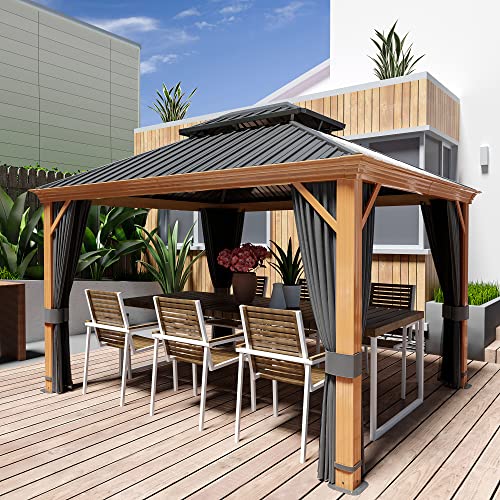Gray 10 x 12 Hardtop Aluminum Steel Gazebo with Netting and Curtains D906