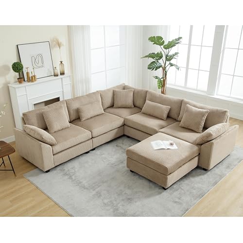 Oversized Corner Modular Sectional Sofa Set, L-Shaped Couch with Movable Ottoman and 7 Pillows, Corduroy Fabric Deep Seat 6 Seater Cloud Couch (Beige) T556085